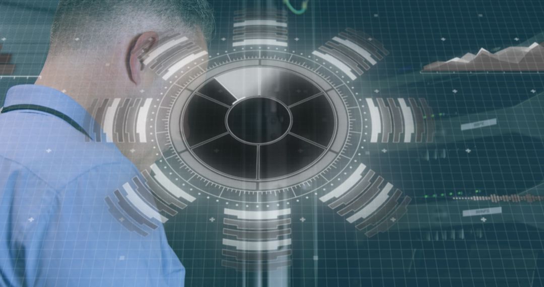 Caucasian IT Specialist Managing Data Server with Digital Overlay