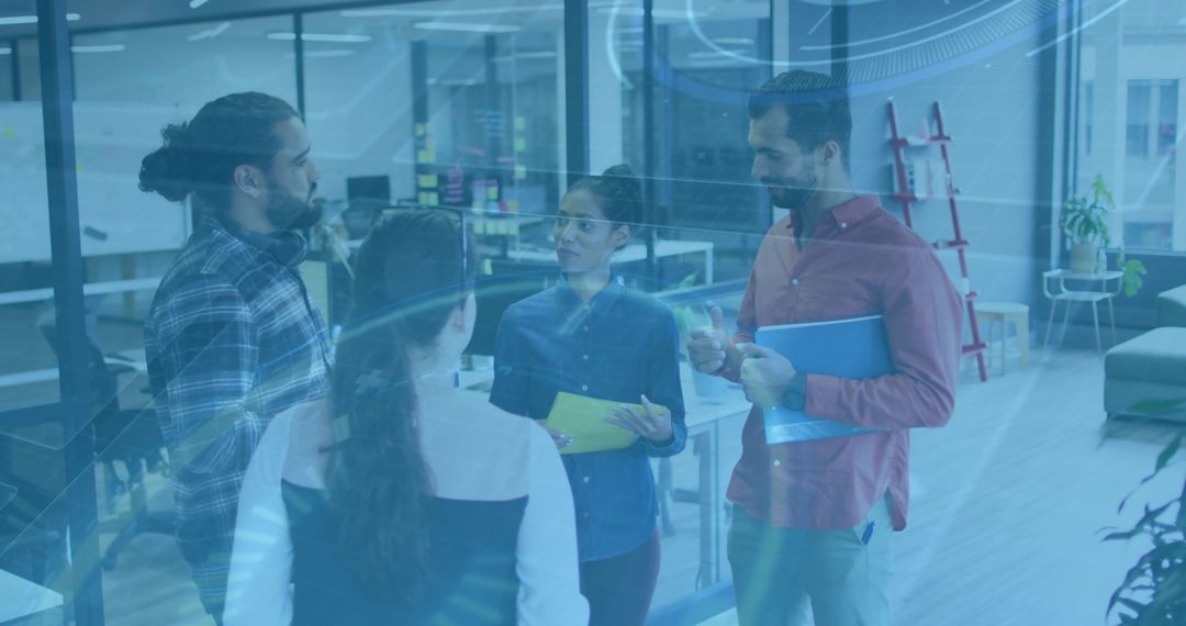 Collaborative Team Huddle at Glass-Partition Office with Woman Holding Yellow Folder