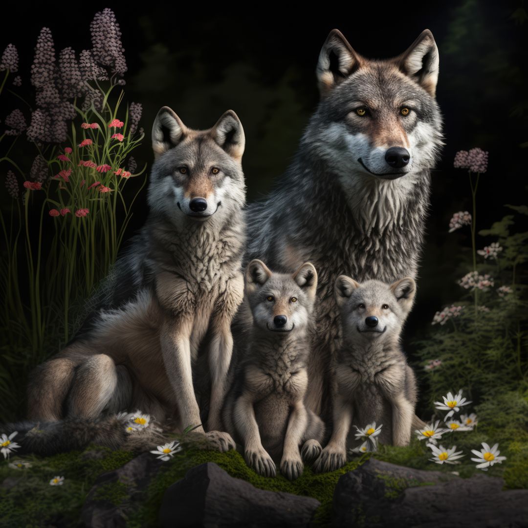 Portrait of close up of two wolves with two young pups, created using generative ai technology - Free Images, Stock Photos and Pictures on Pikwizard.com