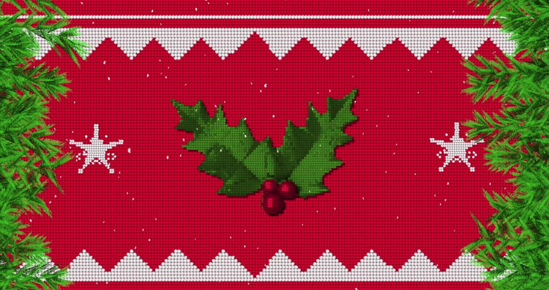 Festive Holly with Falling Snow on Red Knit Pattern