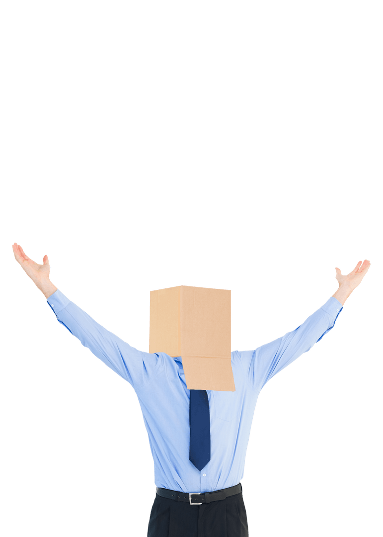 Transparent Businessman with Box on Head Spreading Arms Wide