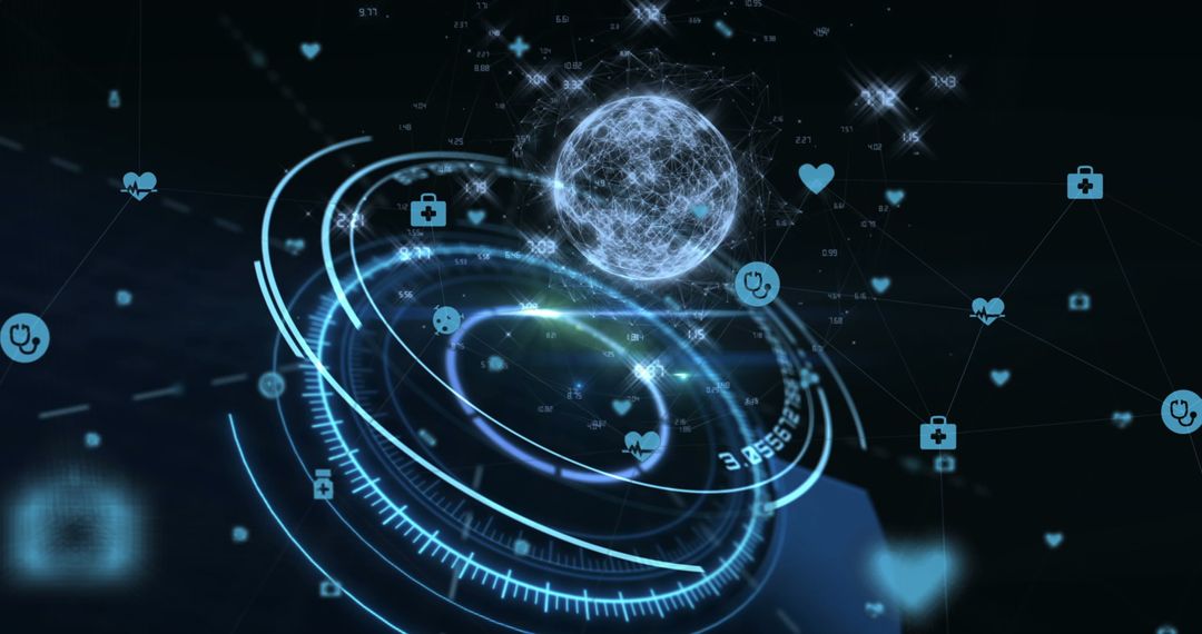 Futuristic Digital Network with Floating Icons on Dark Background