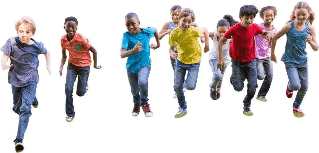 Diverse Group of Children Running on Transparent Background