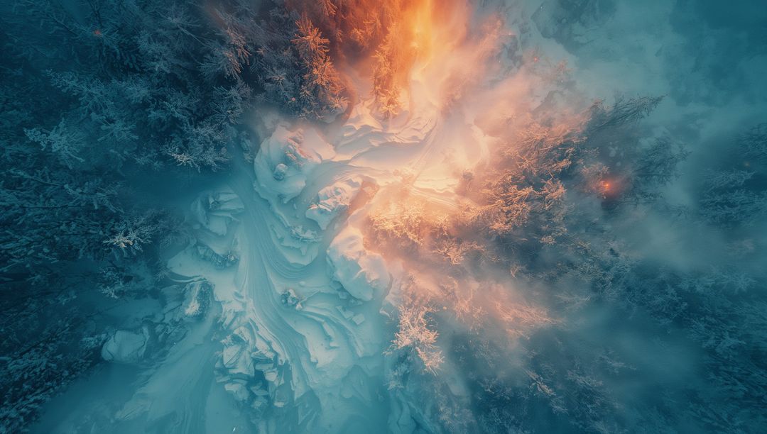 Ethereal Glow Over Snowy Forest from Aerial View
