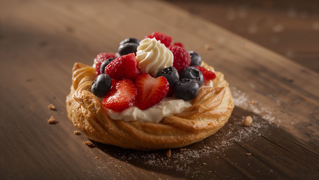 Rustic twisted golden Danish pastry topped with cream and glazed fresh berries on dark board