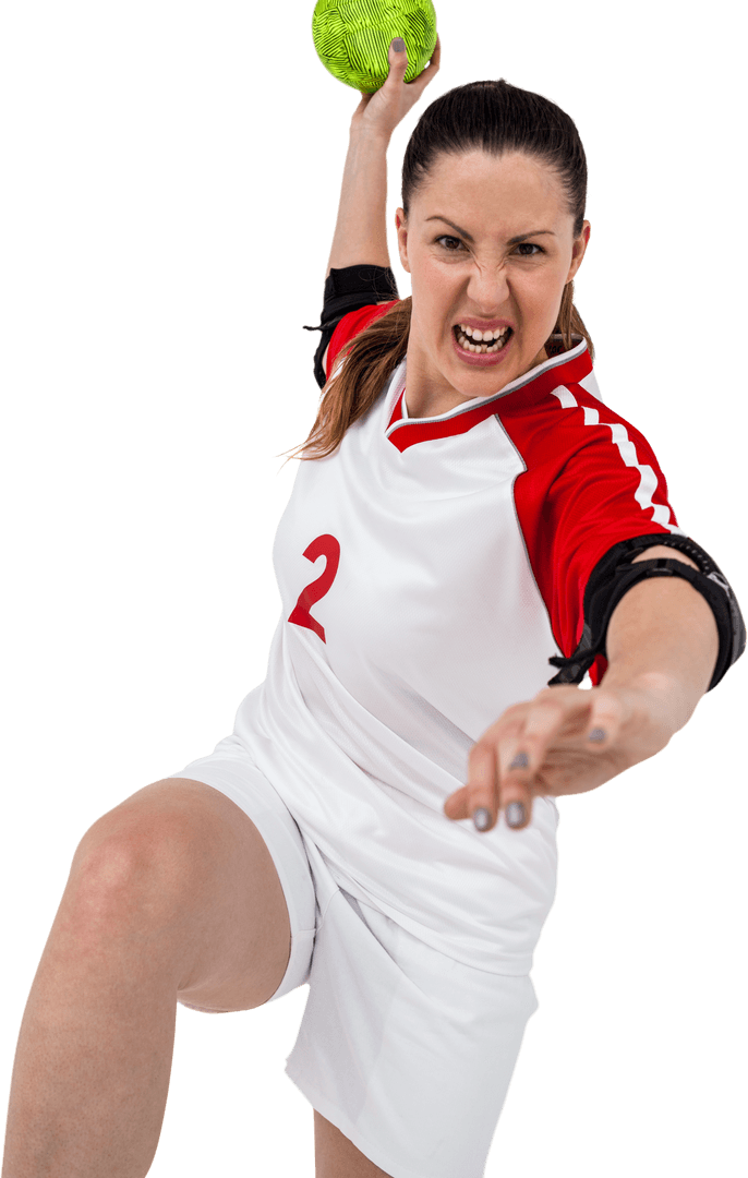 Transparent Sportswoman Throwing Ball in Aggressive Pose