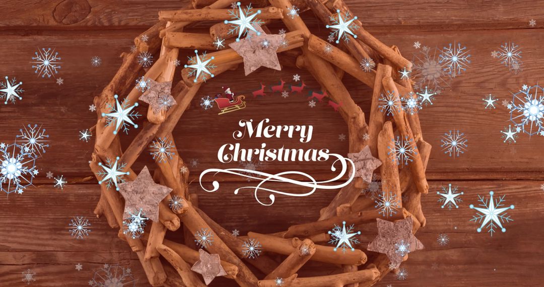 Merry Christmas Wooden Wreath with Falling Snowflakes
