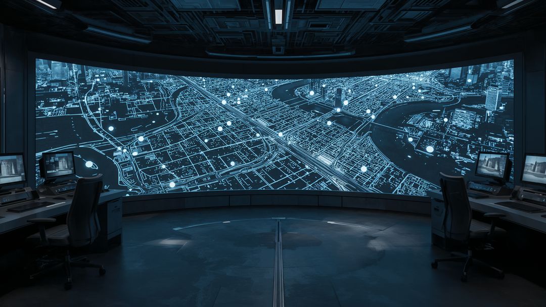 Futuristic Command Center with Curved Digital Map Display