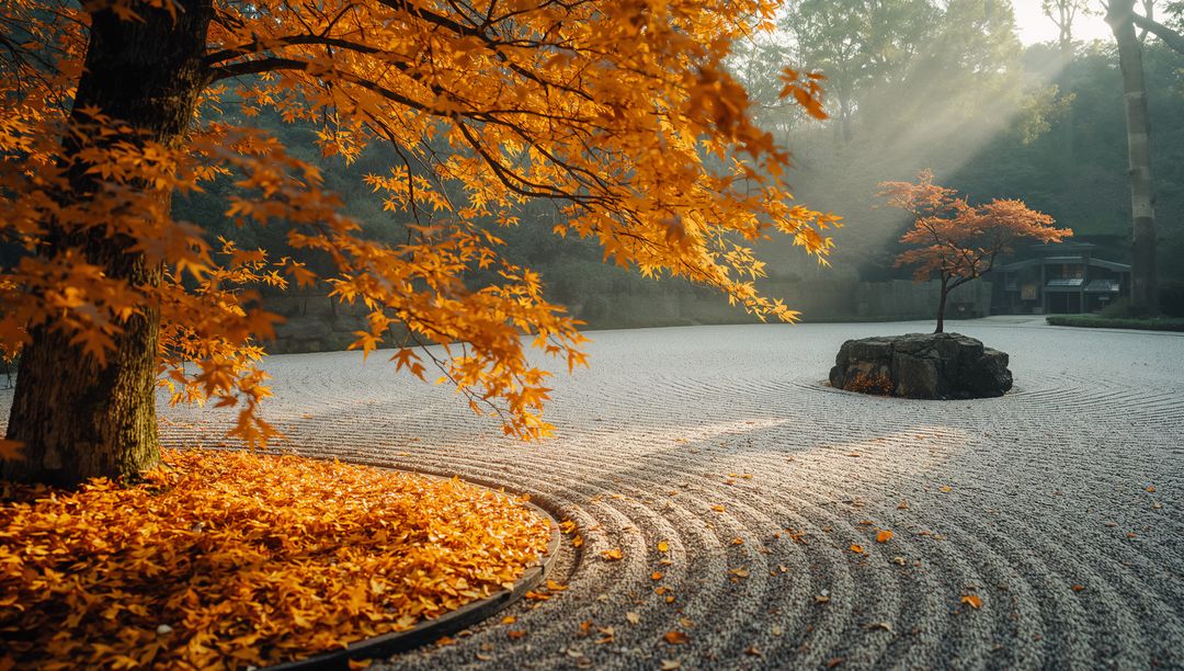 Autumn Maple Tree Over Zen Garden with Raked Gravel