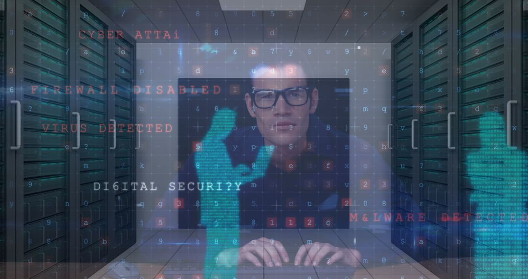 Cyber Security Breach Alert with Hacker in Server Room