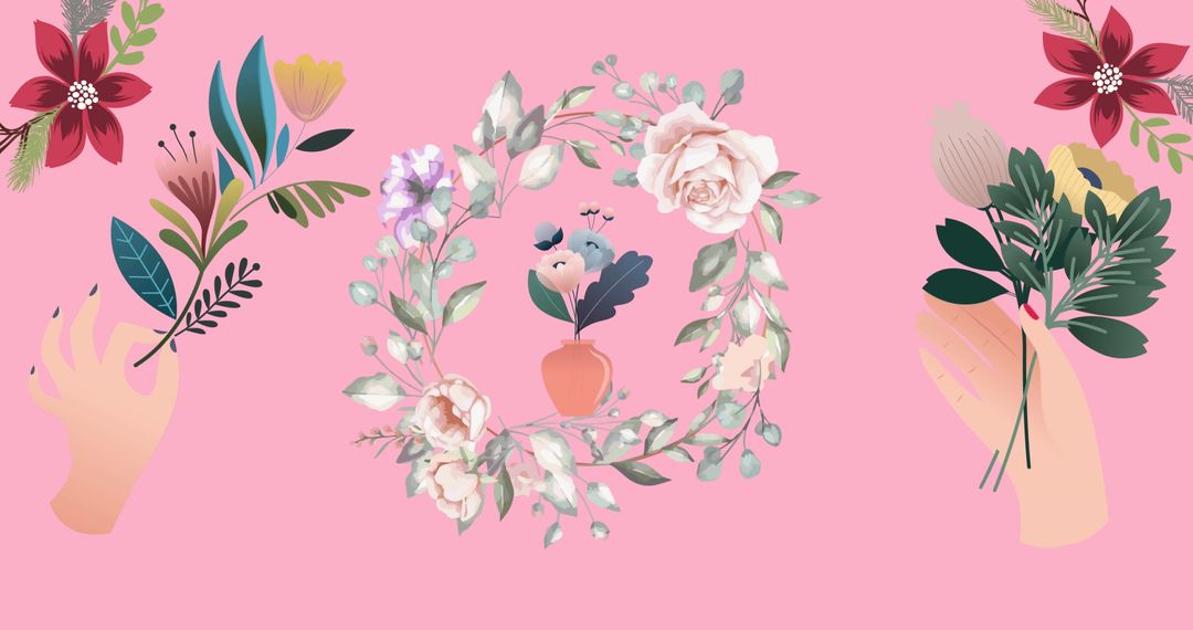 Colorful Floral Pattern on Pink Background with Hand Bouquet