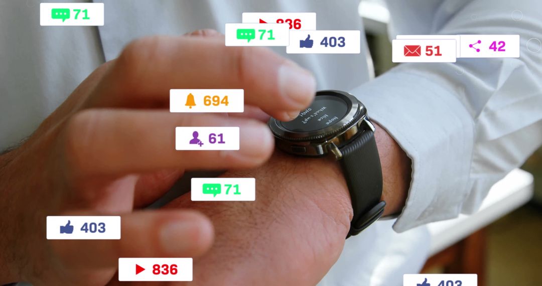 Businessman Engaging with Social Media Notifications on a Smartwatch