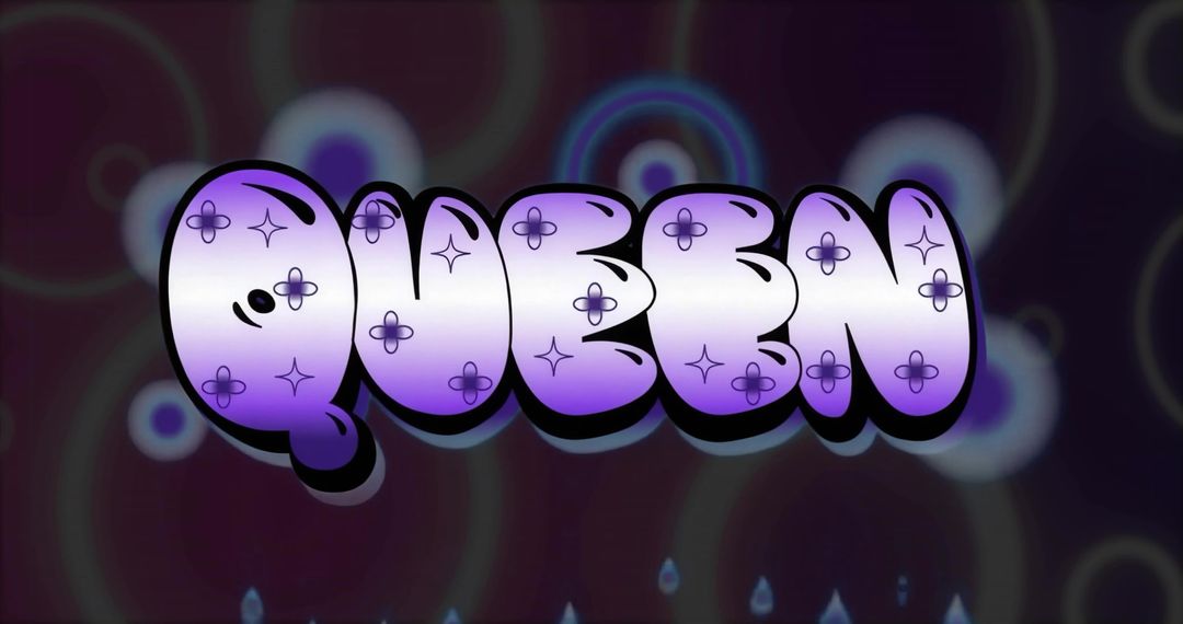 Vibrant Bubble Text Queen with Sparkles on Plum Background