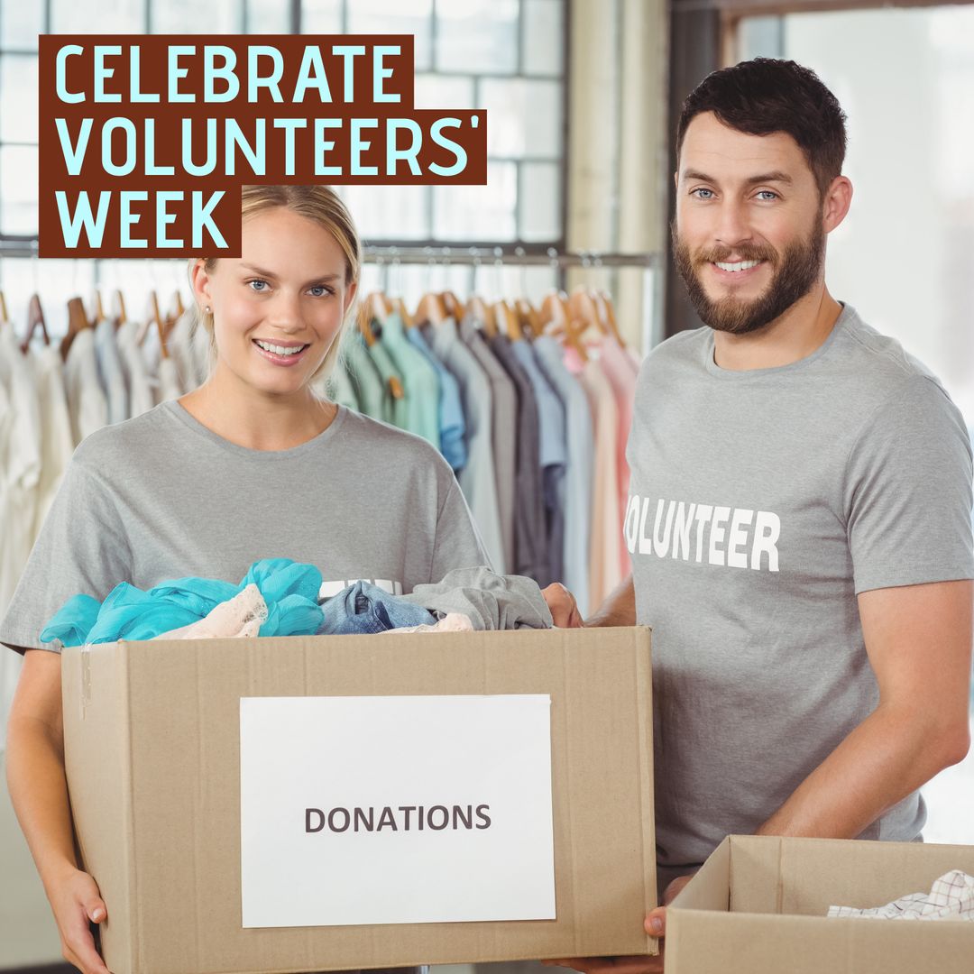 Happy Volunteers Organizing Donations for Volunteers' Week Campaign