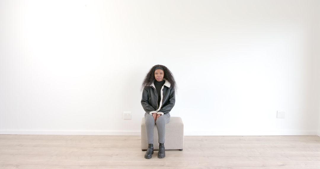 Confident Woman Wearing Stylish Leather Jacket in Minimalist Setting