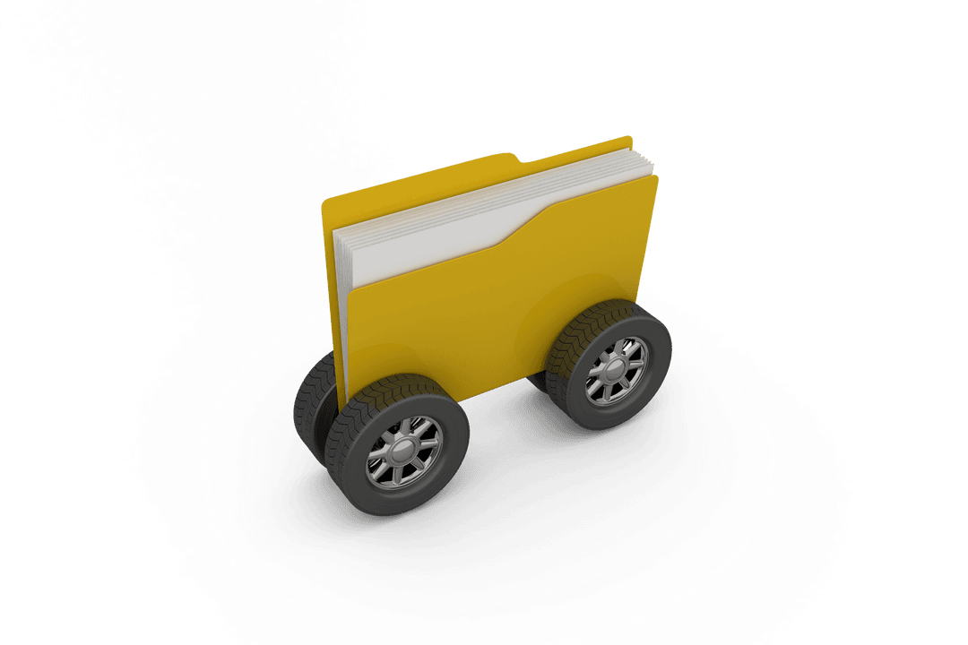 3D Transparent Folder with Wheels Symbolizing Data Mobility