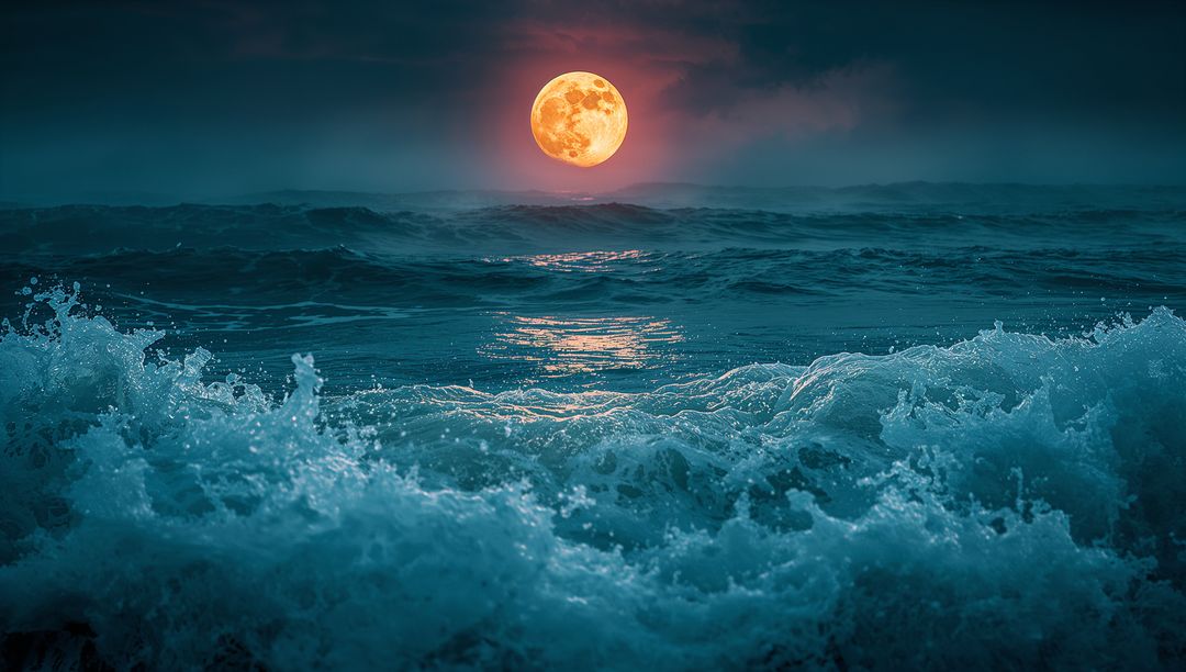 Bright Full Moon Reflected Over Ocean Waves at Night