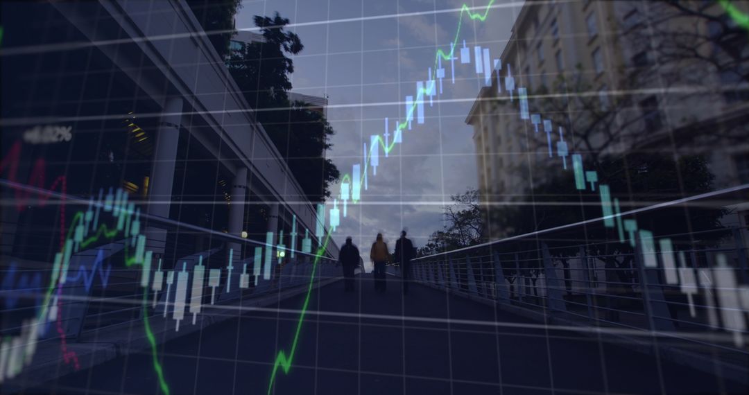 Rising Financial Graphs Overlay on Urban Cityscape