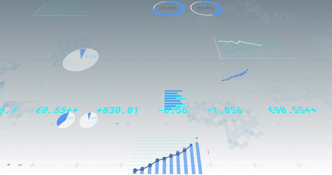 Futuristic translucent analytics dashboard featuring floating blue bar, line, and pie charts