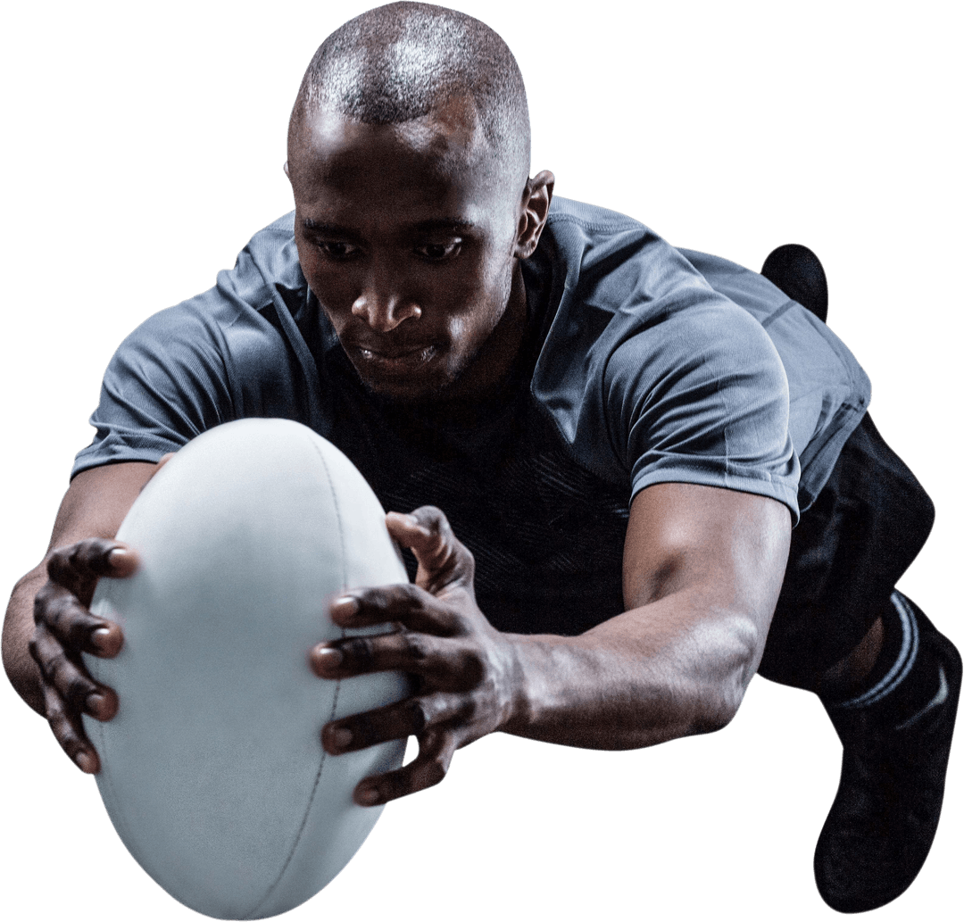 Transparent Rugby Player Jumping While Catching Ball