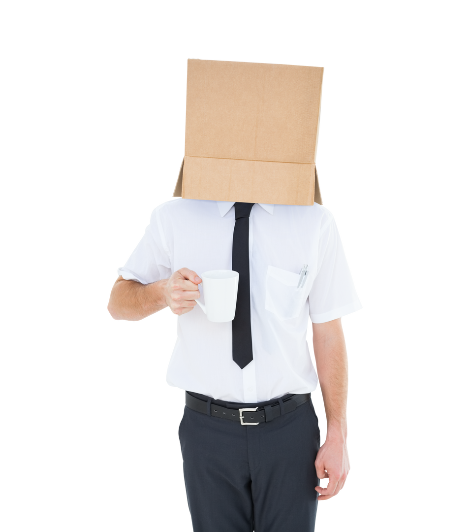 Transparent isolated image of businessman with box on head holding cup - Download Free Stock Images Pikwizard.com