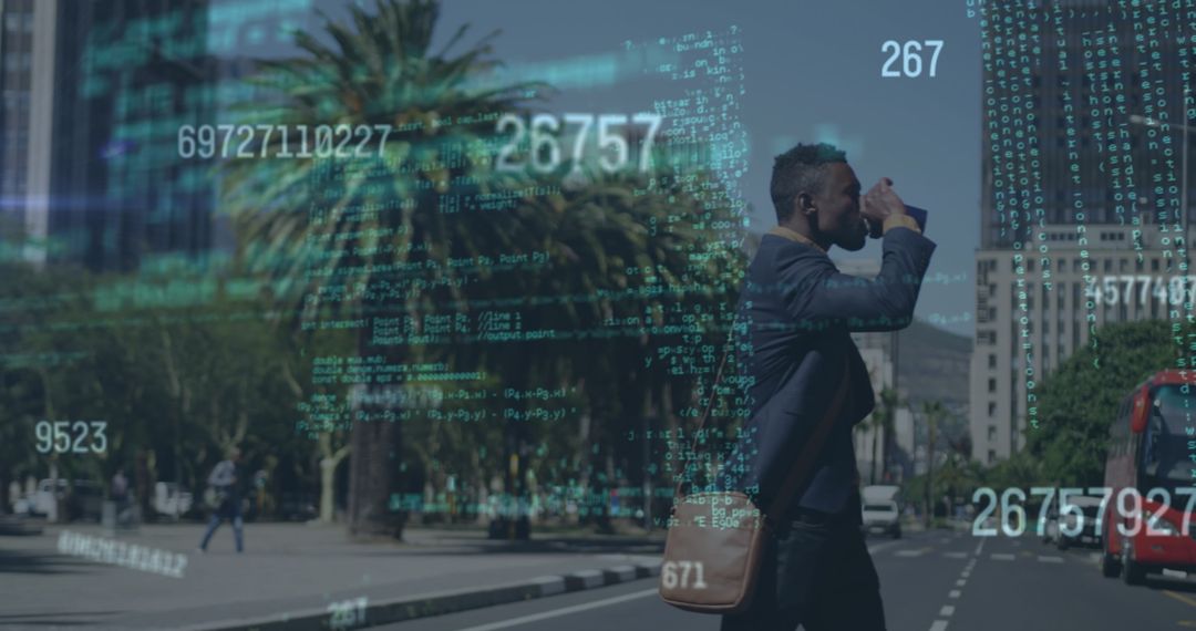 Businessman with Coffee Walking Amidst Data Overlay