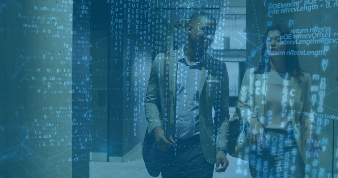 Walking professionals in modern office corridor with holographic augmented reality data overlay