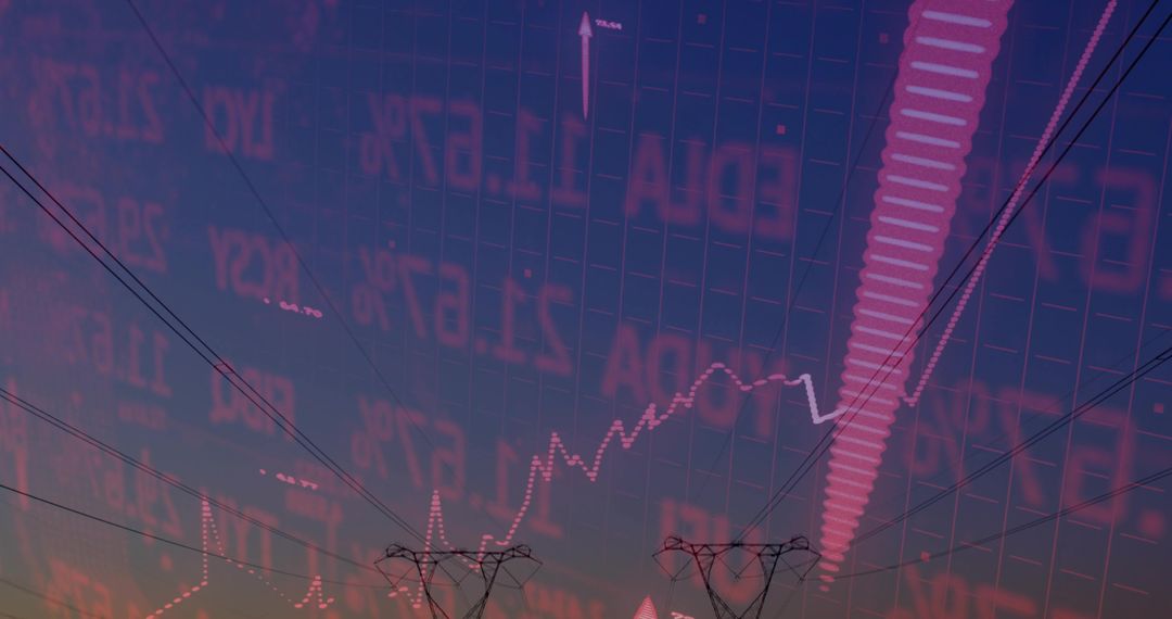 Dusk power lines crossing skyline with translucent stock market data overlay