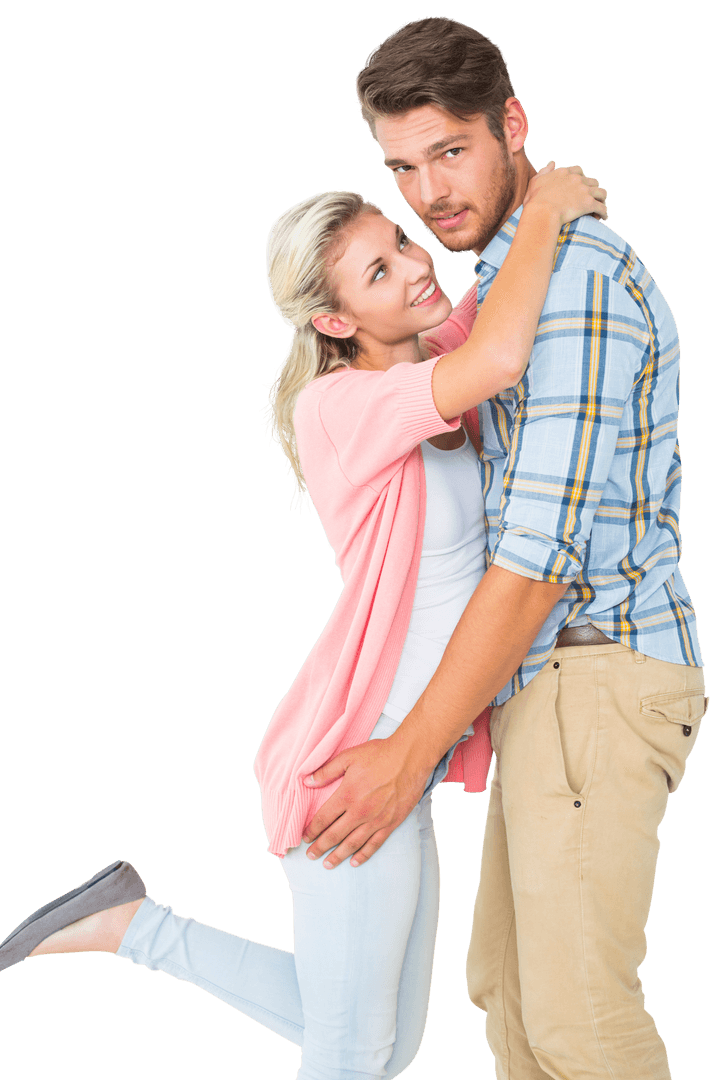 Romantic Couple Embracing with Happy Expressions on Transparent Background