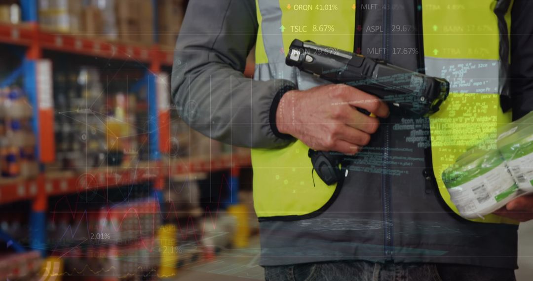 Warehouse Worker Scanning Barcode with Data Overlay