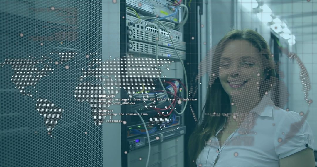 Smiling IT Professional in Modern Server Room with Global Connection