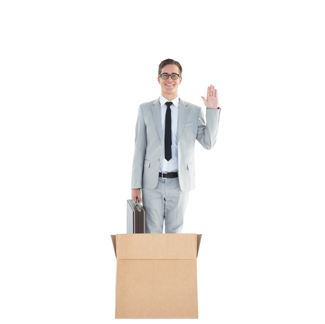 Caucasian Businessman Waving From Cardboard Box on Transparent Background