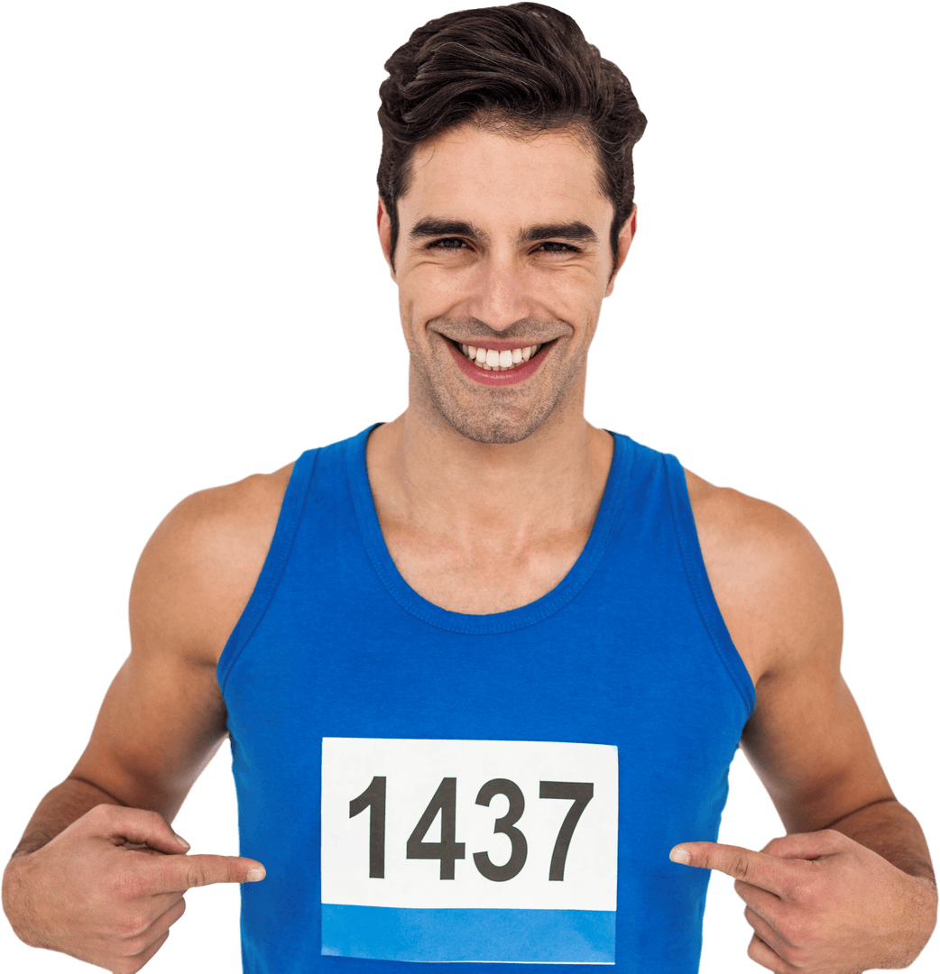 Smiling Caucasian Athlete with Competition Bib - Transparent Background