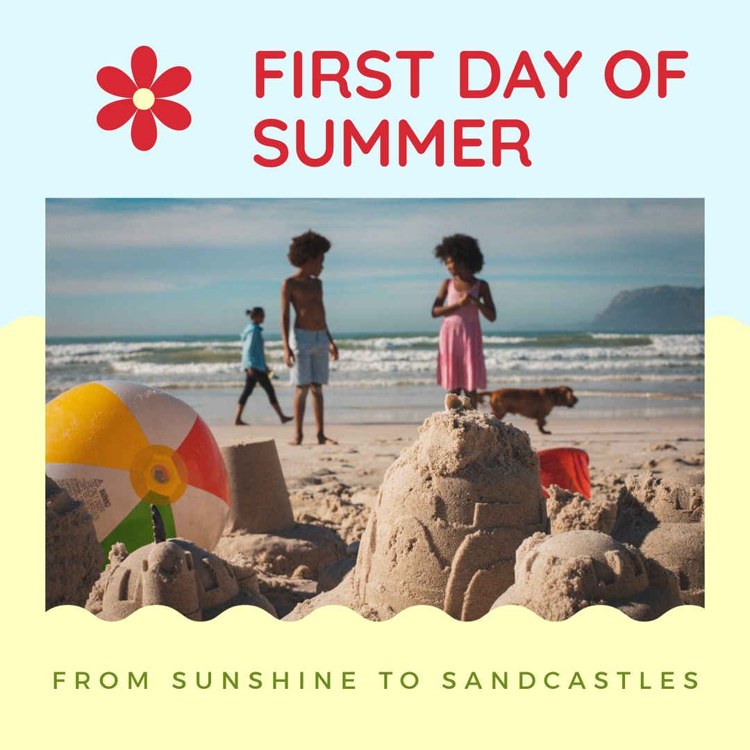 Celebrating First Day of Summer with Sandcastles on Beach