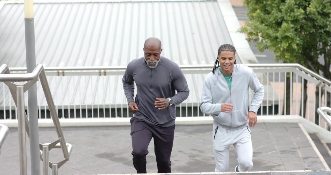 Two men running up urban stairs for endurance training and teamwork motivation