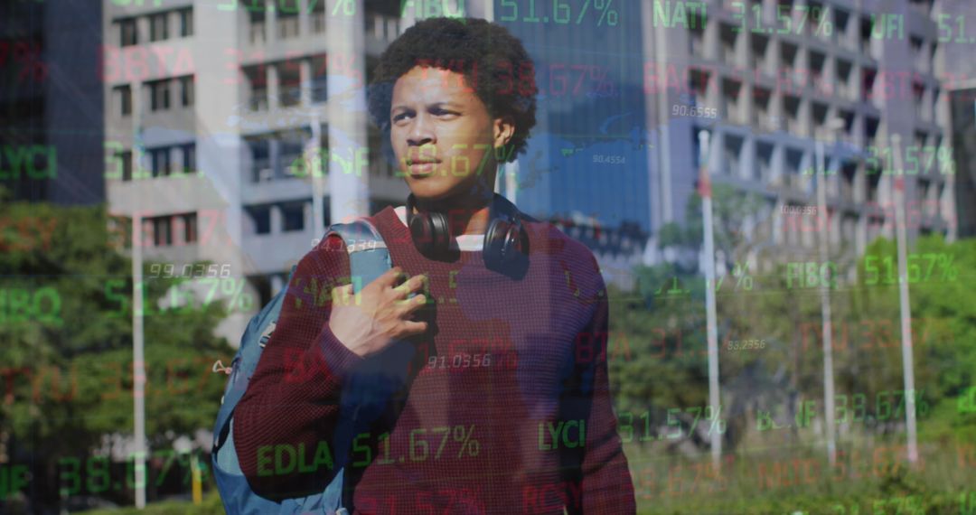 Man Envisioning Future with Stock Market and Technology Overlay