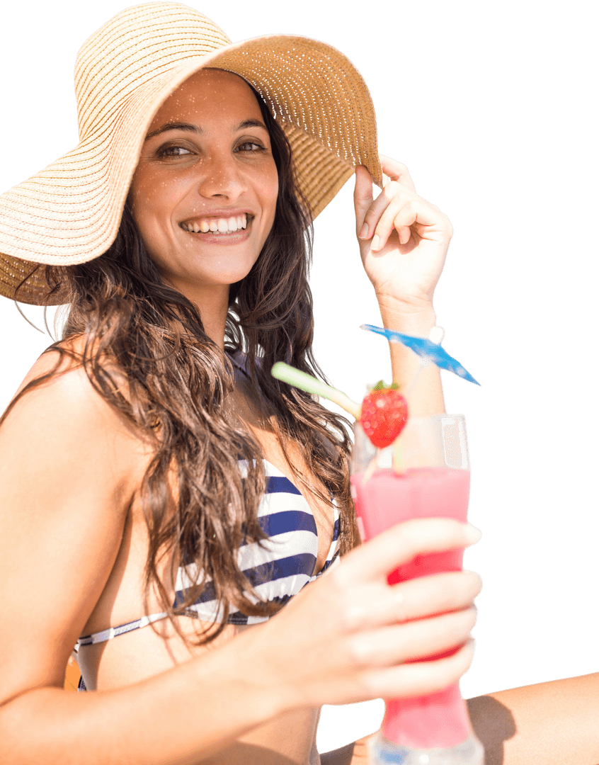 Smiling Woman in Straw Hat Holding Refreshing Summer Drink Transparent
