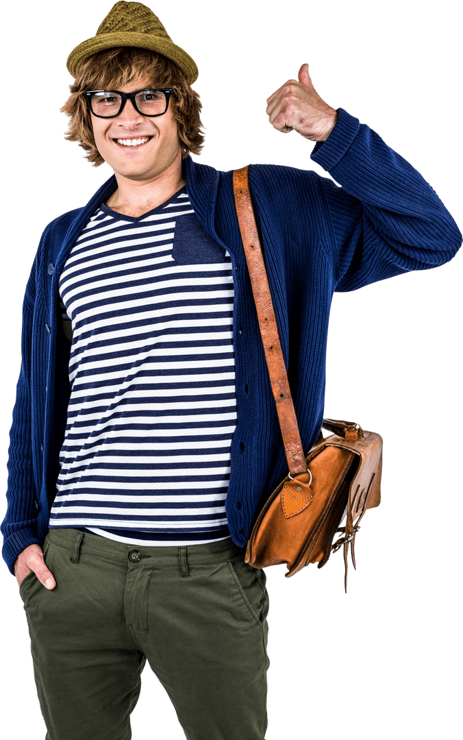 Smiling Hipster Making Thumbs Up with Transparent Background