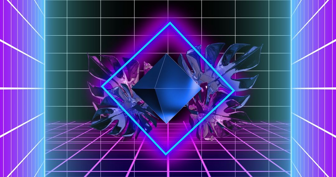 Futuristic Neon Geometric Structure with Monstera Leaves