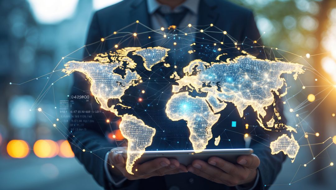 Businessman with Digital World Map on Tablet Displaying Global Connectivity