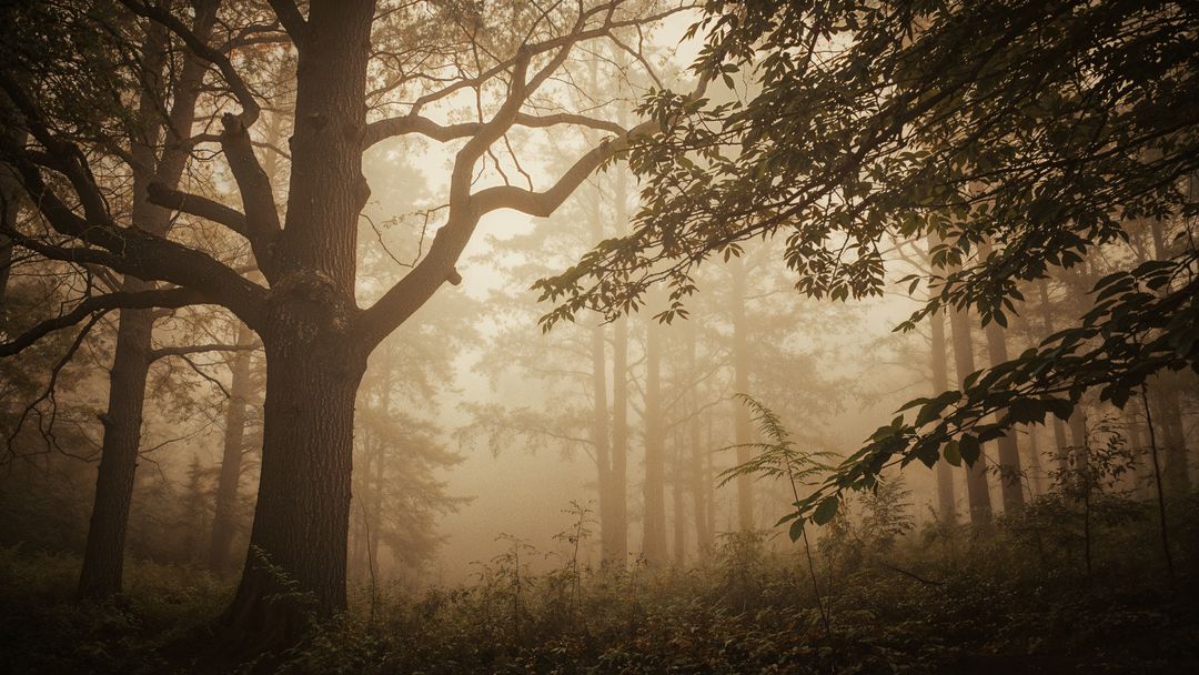 Mature Tree and Lush Ferns in Misty Forest Clearing