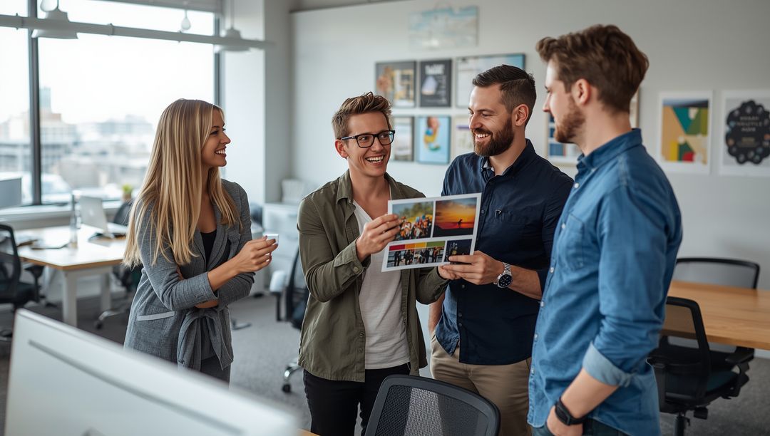 Colleagues Discussing Printed Collage in Modern Office Environment