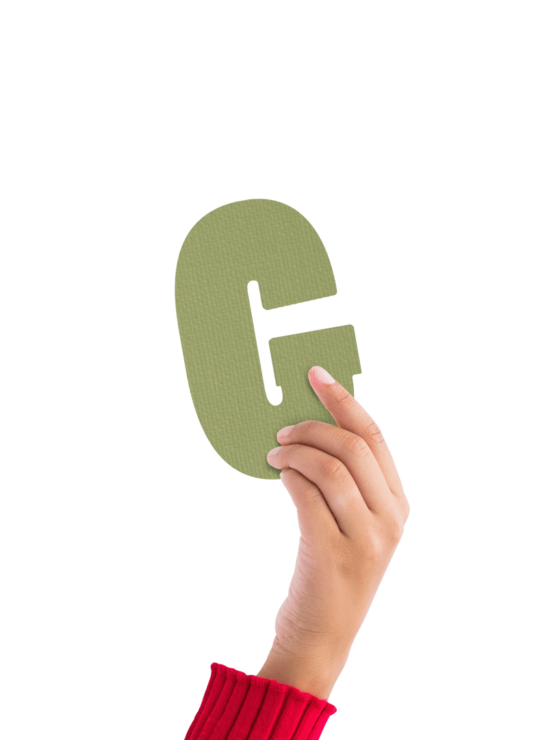 Hand Holding Green Letter G on Transparent Background