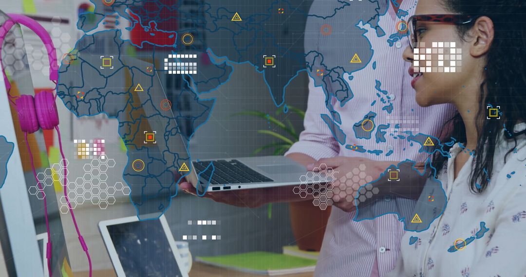 Colleagues Collaborating with Innovative Technology and World Map Overlay