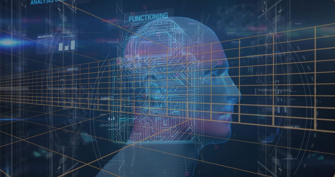 Holographic Circuit Head Portrait in Digital Interface