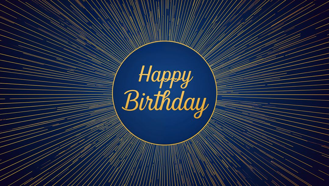 Gold Script Happy Birthday Emblem with Radiant Starburst Rays on Navy Luxury Background