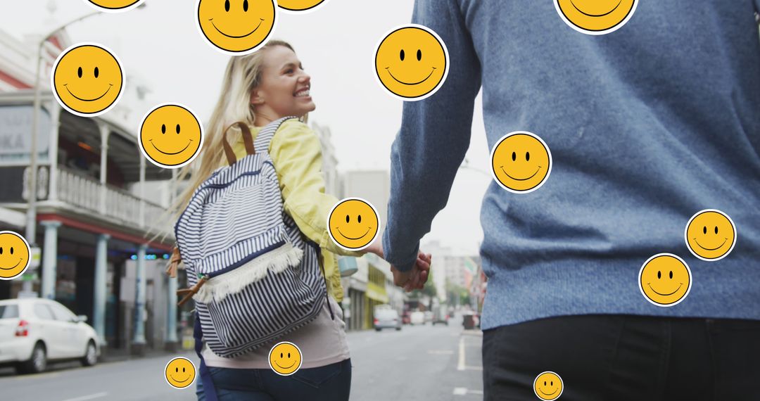 Couple Walking on Street with Sinking Emoji Filter - Free Images, Stock Photos and Pictures on Pikwizard.com