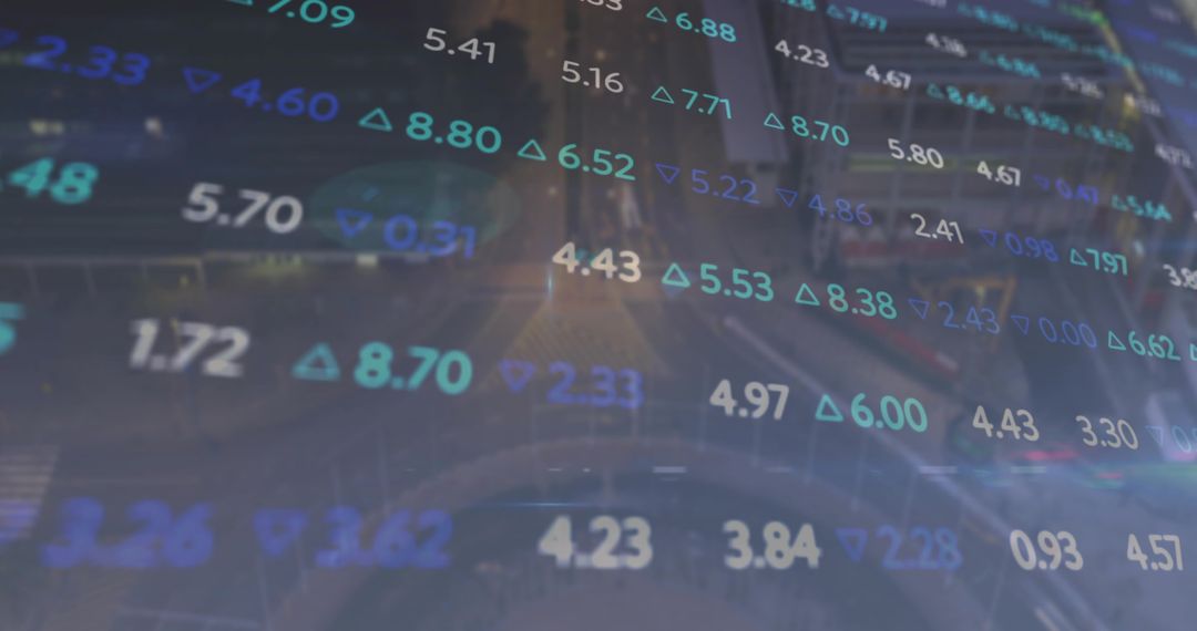 Dynamic Stock Market Ticker Overlays Busy Urban Sidewalk