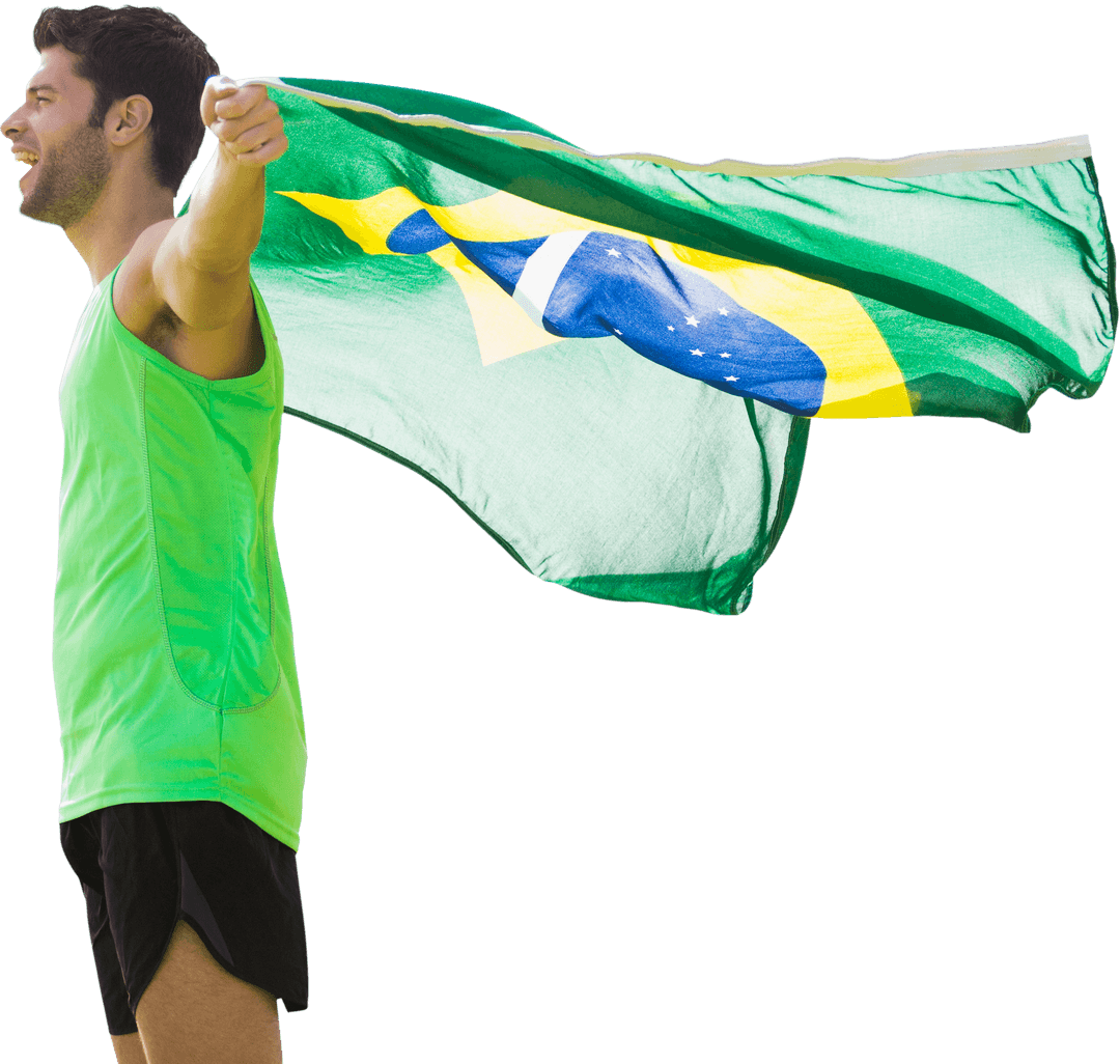 Hispanic Sportsman Celebrating With Brazilian Flag Transparent Background
