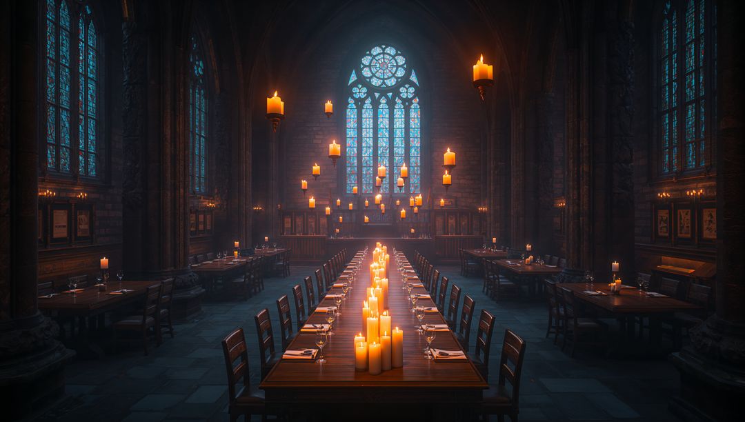 Gothic Dining Hall Illuminated by Candlelight and Stained Glass